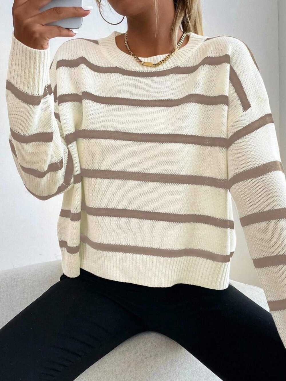 White Casual Women's Striped Round Neck Dropped Shoulder Long Sleeve Sweater